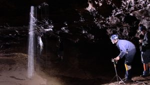 lighting waterfall in mammoth cave