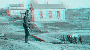 stereoscope of man with gun in front of stone church in manassas virginia